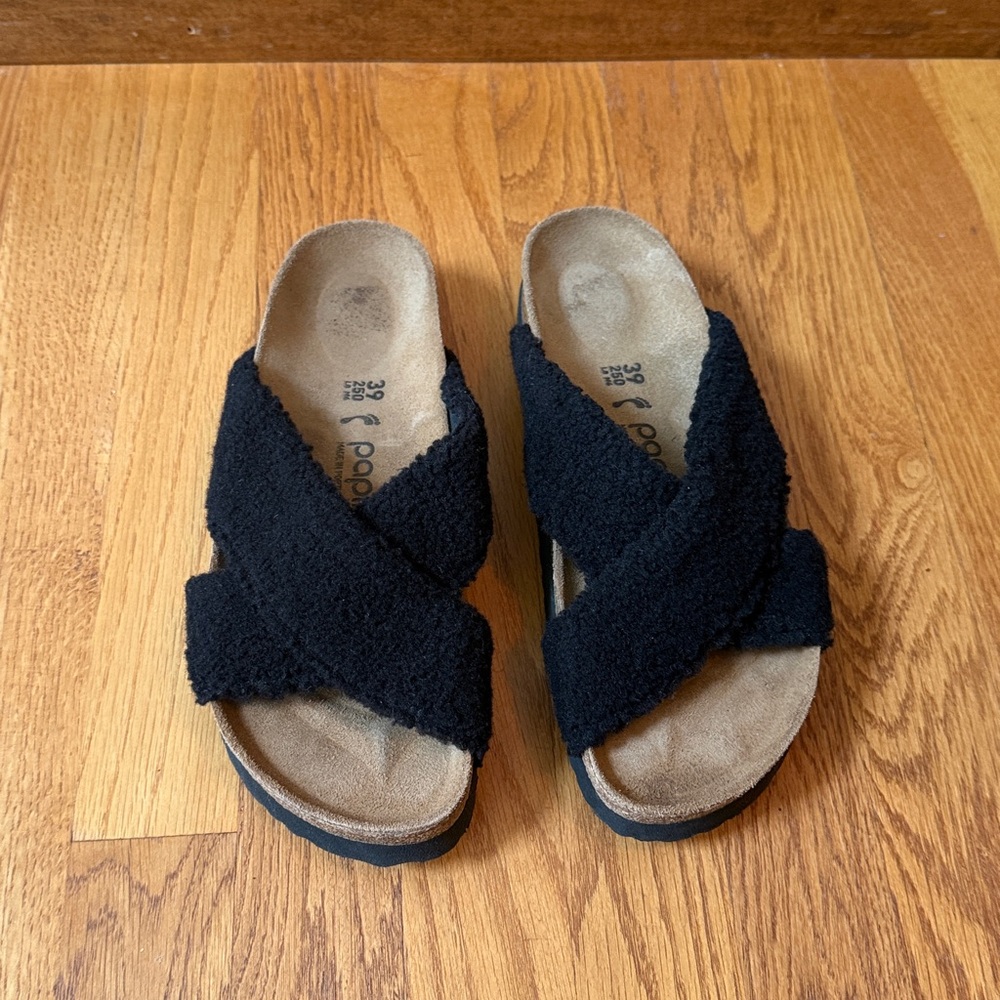 Papillio Birkenstock Shearling Sandals Black EU 39 Ladies 8-8.5 Narrow